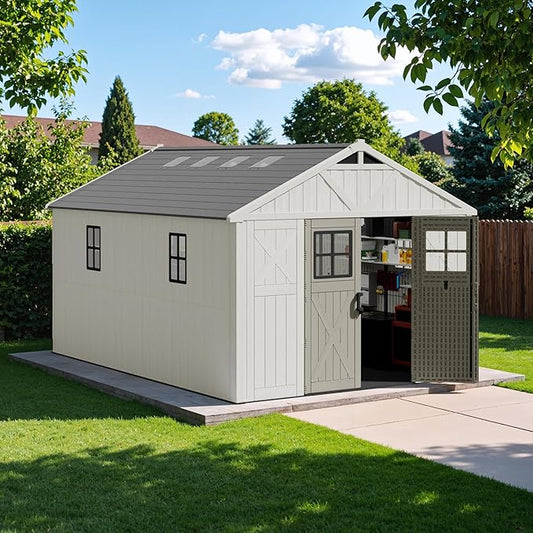 Devoko 10 x 14 FT Resin Outdoor Storage Shed, Extra Large Plastic Shed with Skylight, Floor and Lockable Door, Storage Bike, Tools, Lawn Mower for Garden, Backyard, Patio, Beige