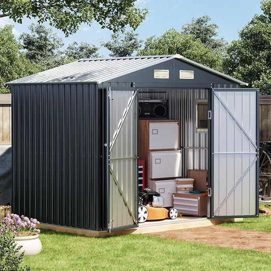 6x8FT Outdoor Metal Storage Shed with Floor Frame,Double Door, 1 Clear Window, Tool Shed for Garden, Patio, Backyard