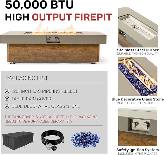 48" Propane Fire Pit,Outdoor Gas Fire Pit Table with Rain Cover,Rectangular Heater for Patio, Backyard, Deck,50,000BTU Outdoor Modern Patio Fire Pit. (Retro Wood, 48" x 23.6")
