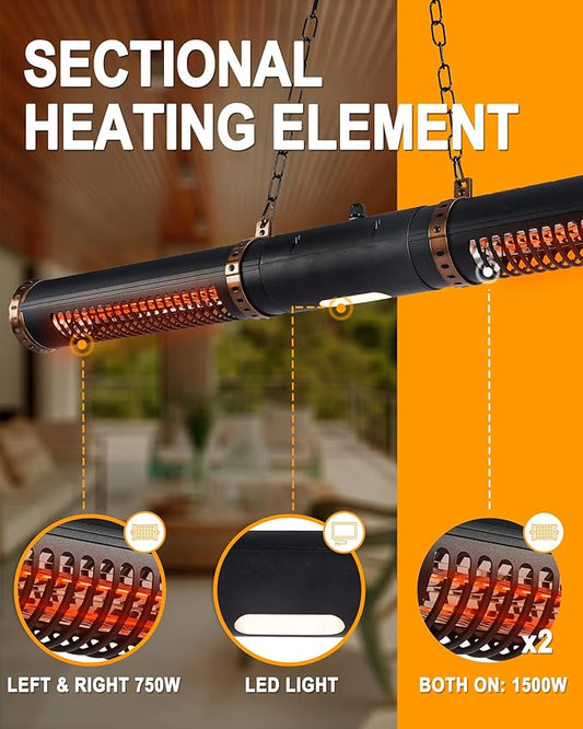 Star Patio Electric Patio Heater, Hanging Heaters, Ceiling Outdoor Heater, 750/1500W Infrared Heaters with Cylinder Shape, Sectional & Silent Heating, IP54 Waterproof, STP2566-RMLED-CN2025