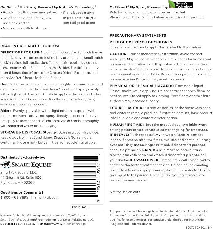 OutSmart® Fly Spray | Plant-Based Mosquito, Tick, and Fly Spray Repellent for Horses and Riders | Fresh Scent | 1 Gallon