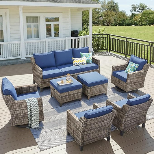 7 Piece Outdoor Patio Furniture Set-All Weather Outdoor Conversation Sets Sectional Sofa with Wicker Swivel Rocker Patio Chairs,Thick Cushions Ottomans for Porch Balcony Patio Deck Grey/Blue