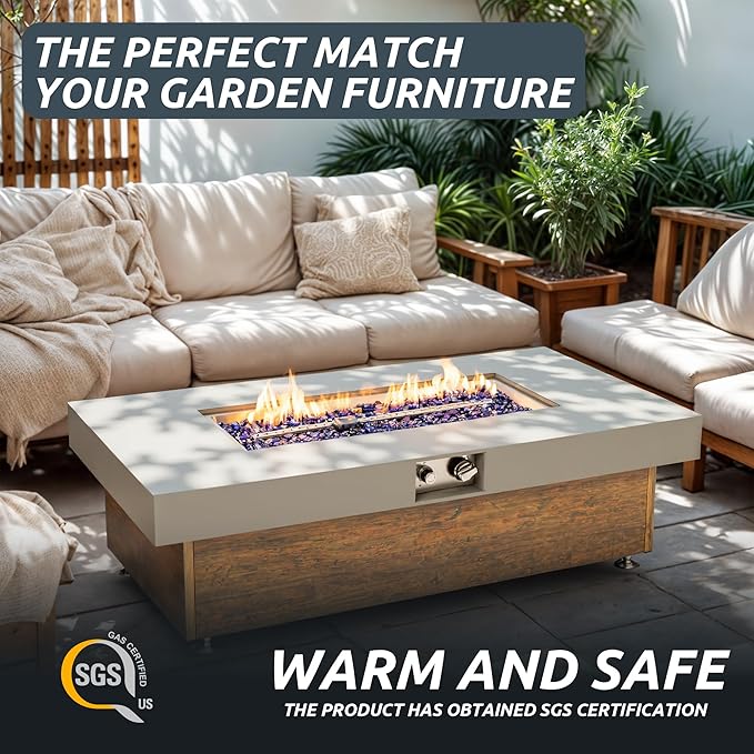 48" Propane Fire Pit,Outdoor Gas Fire Pit Table with Rain Cover,Rectangular Heater for Patio, Backyard, Deck,50,000BTU Outdoor Modern Patio Fire Pit. (Retro Wood, 48" x 23.6")