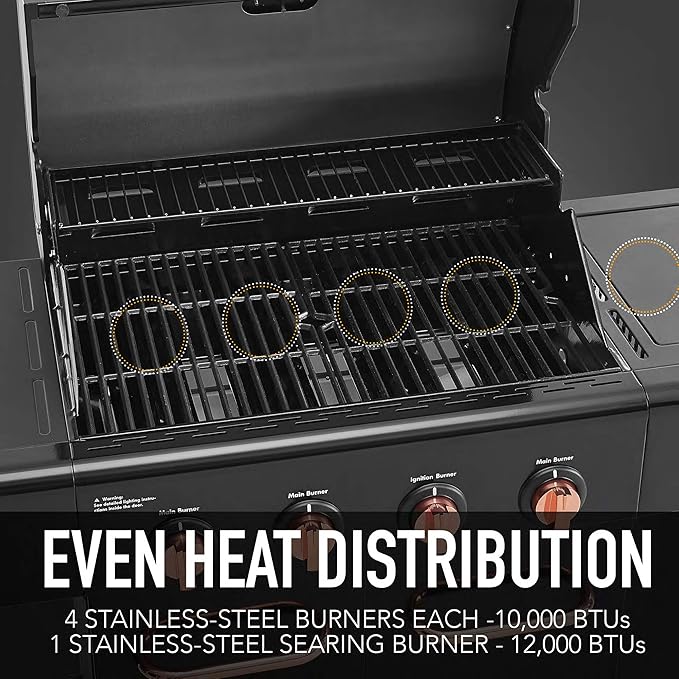 Kenmore 4-Burner BBQ Gas Grill with Searing Side Burner, Propane Grill, 52,000 BTUs, Warming Rack, Electronic Ignition & Cast Iron Cooking Grates, Black/Copper + Bonus Cover