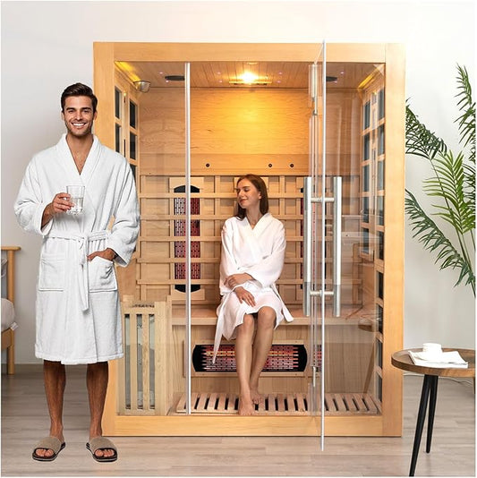 Wood Hybrid Home Sauna for 3-4 Person, Far Infrared & Steam Dual System Indoor Traditional Saunas, 3KW/4.5KW, 10 Heating Elements and Heating Stove, Speaker, Oxygen Bar, Water Bucket, Rocks, Hemlock