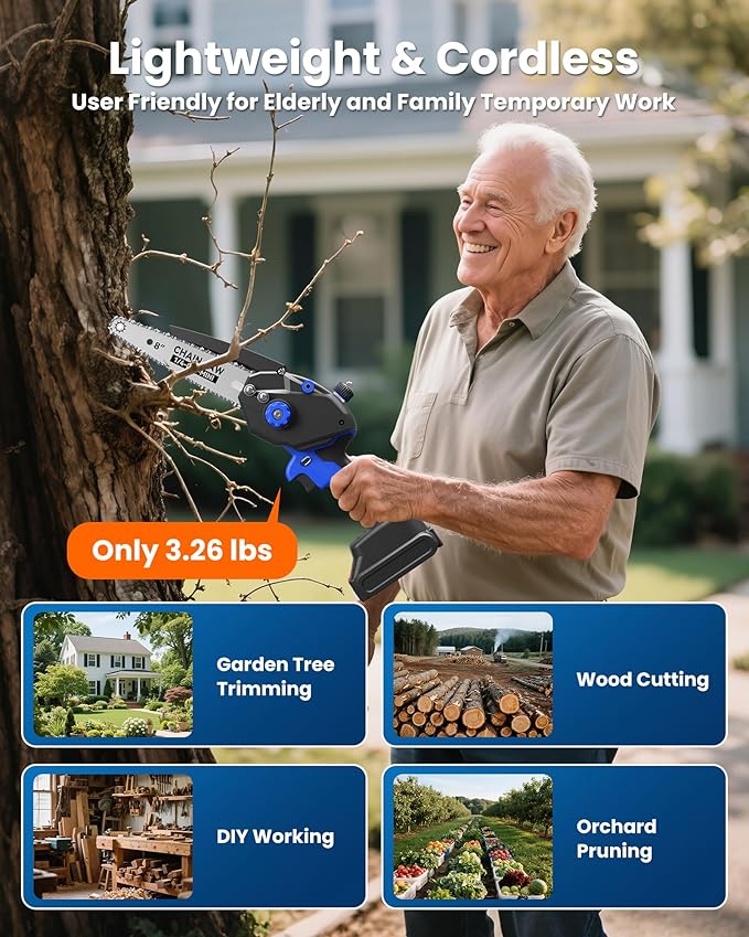 Mini Chainsaw Electric Cordless: 8 Inch & 6 Inch Brushless Chain Saw with 2 Pack Rechargeable Batteries, Battery Powered Handheld Saw for Trees Trimming Wood Cutting, Perfect Gardening Tools for Men
