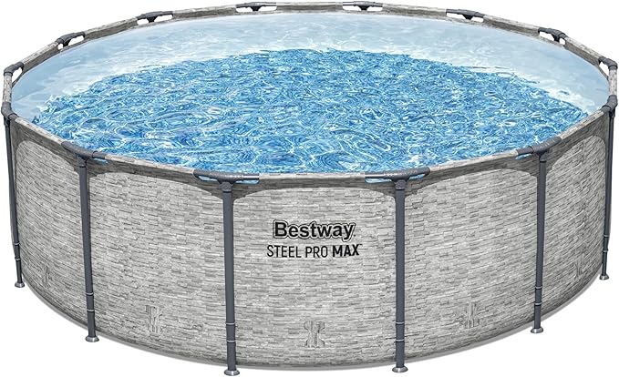 Bestway Steel Pro MAX 14' x 48" Above Ground Pool, Round Metal Frame Outdoor Swimming Pool Set with Filter Pump, Ladder, and Cover, Gray Stone Print