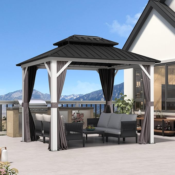 PURPLE LEAF 8' X 10' Hardtop Gazebo Metal Double Roof White Aluminum Frame Outdoor Heavy Duty Gazebo with Curtain and Netting for Patio Garden and Backyard, Grey