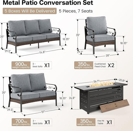 5 Piece Black Metal Outdoor Patio Furniture Sets with Firepit Table, Patio Conversation Sets 1 3-Seater Sofa, 1 2-Seater Sofa, 2 Single Sofa with 5.75" Cushion for Backyard Deck, Gray
