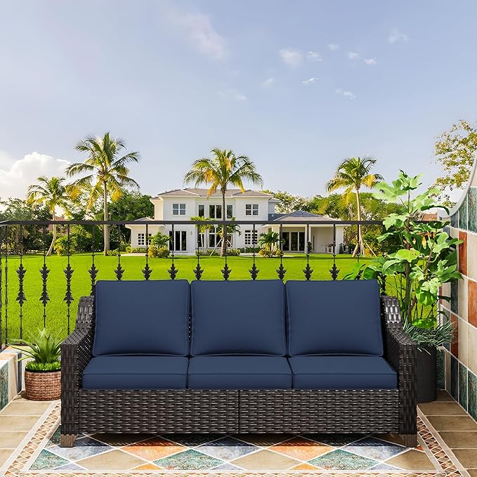 77'' Patio Sofa, All Weather Outdoor Rattan Wicker 3-Seat Sofa High Back Couch with Premium Cushions for Garden Backyard Porch(Brown/Navy)