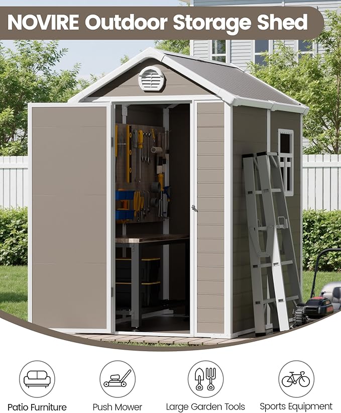 6x4.5 Resin Outdoor Storage Shed with Enhanced Roof Runoff & Floor, Secure Hidden Screws Design, Durable Build for Deck, Pool Supplies, and Versatile Storage, Warm Grey