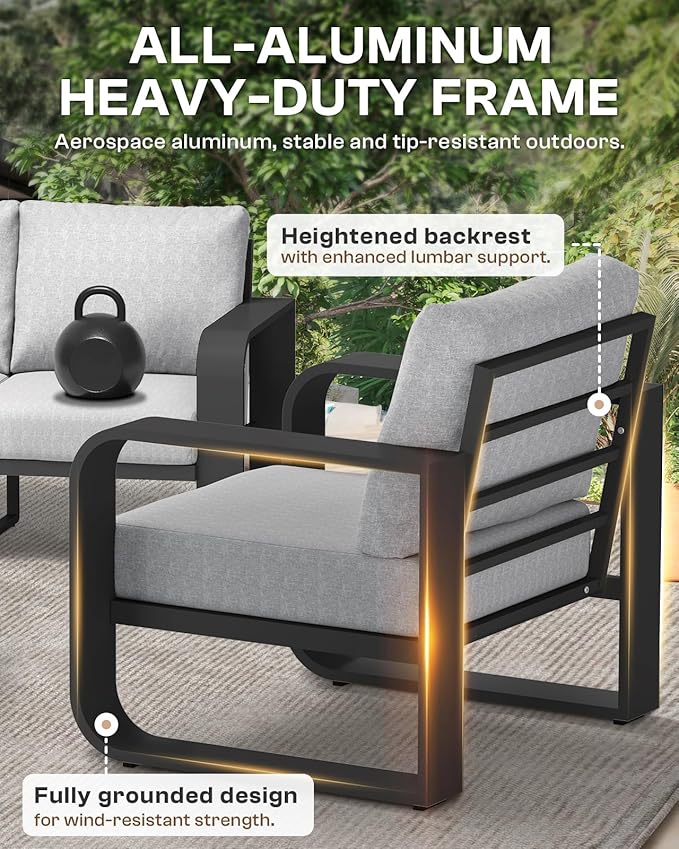 Oasbira Aluminum Outdoor Sofa Bistro Set, Oversized Patio Conversation Sets Widened Armrest & Ultra-Thick Cushions, Deep Seating Patio Furniture Set for Backyard, Porch, Gray