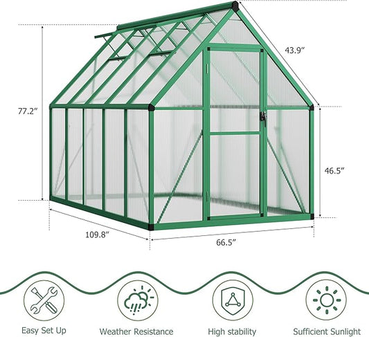 CABIHOME 6x9 FT Outdoor Greenhouse, Polycarbonate Greenhouse with Roof Vent and Ground Nails, Aluminum Large Walk-in Green House w/Lockable Push Door for Outside Garden Backyard (Green, 6x9 FT)