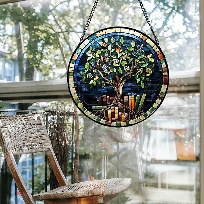QZQCBLC Stained Glass Window Hanging Green Life Tree Berry Book 9.8" - Blue Suncatcher Door Garden Sun Catcher Home Decor Birthday Christmas for Mom Men Woman Nana Friend