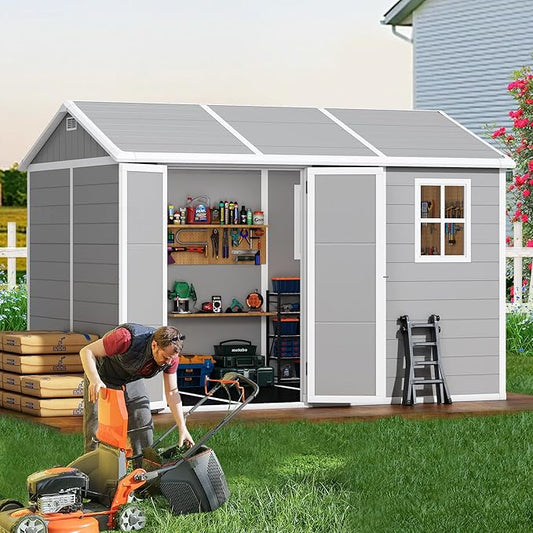 8x10 FT Resin Outdoor Storage Shed with Floor, Weather-Resistant Plastic Garden Shed with Windows, Lockable Door and Vents, Outside Tool Storage Sheds for Backyard, Garden, Lawn, Grey
