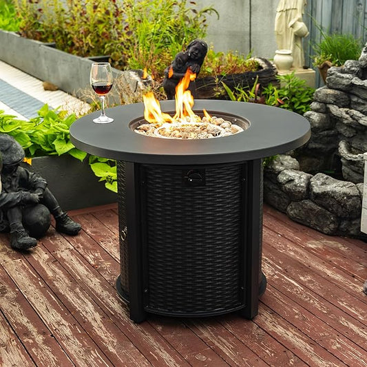 Propane Fire Pit Table, 32 Inch Firepits for Outside, Round Gas Fire Pit for Outside Patio, Propane Fire Table with Steel Lid, Rocks for Patio, Backyard, 50000BTU, Black