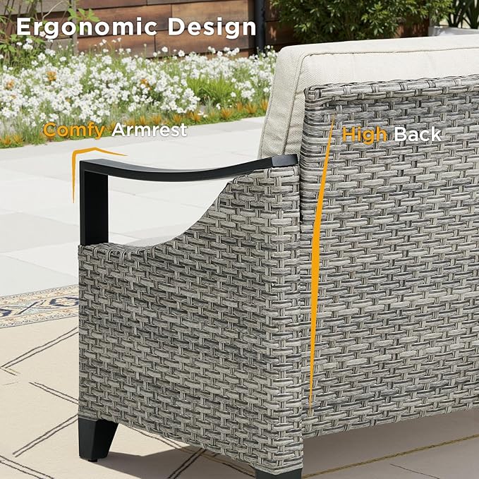 5 Pieces Patio Furniture Sets - All Weather Outdoor Swivel Rocker Patio Chairs with 3-Seat Sofa and Multifunctional Ottomans, Outdoor Conversation Set for Garden Porch Balcony Deck Gray/Beige