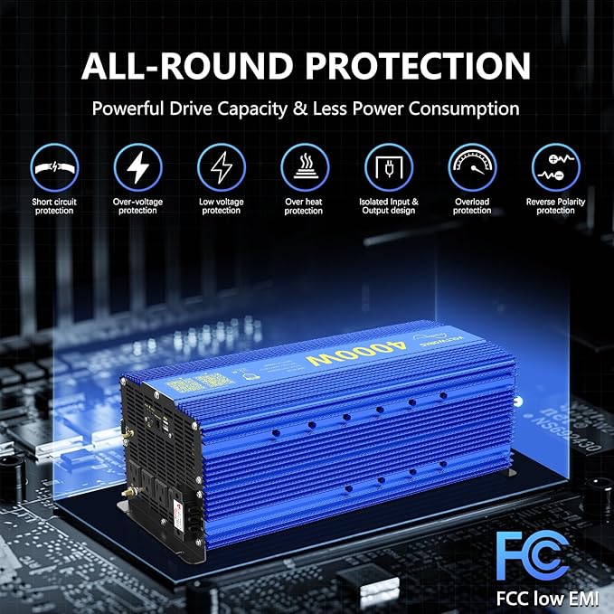 VOLTWORKS 4000W Pure Sine Wave Power Inverters 12V DC to 110V 120V AC with Bluetooth APP 4AC Outlets AC Terminal Blocks Remote Controller Compatible with Lithium Battery for Off-Grid Solar Home RV Car