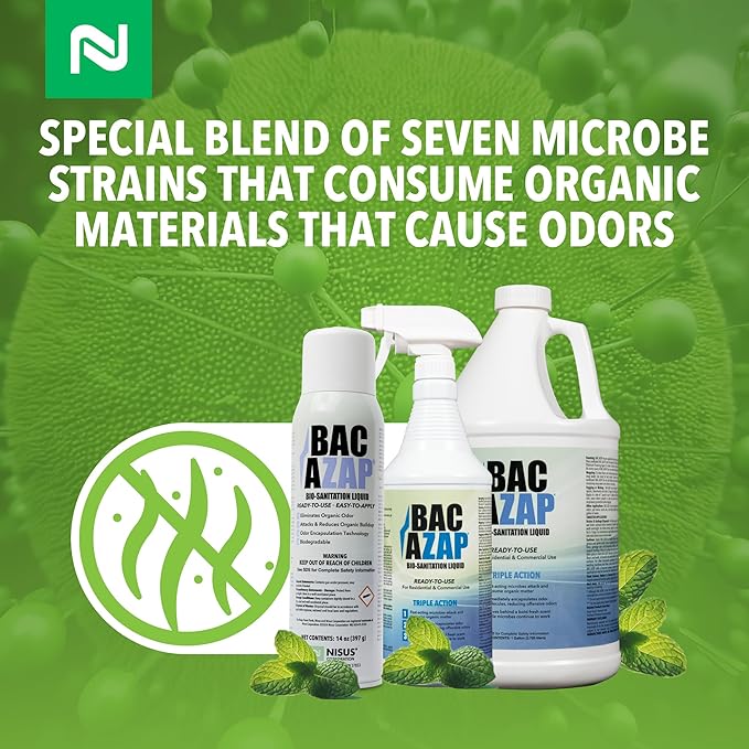 Nisus Bac-Azap Odor Eliminator, Ready-to-Use Bio-Sanitization Liquid, Neutralizes Organic Waste Odors, Safe for Plumbing, 14 Oz