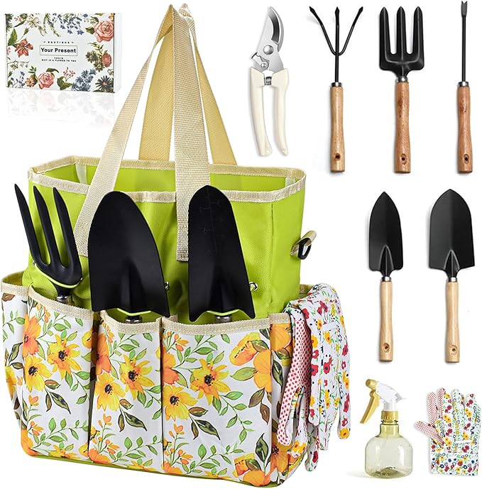 Gardening Tools Set Set for Women, 10 Pieces Heavy Duty Gardening Hand Tools with Storage Handbag Box, Steel Durable Gardening Gifts for Women Men, Mom, Dad - Durable