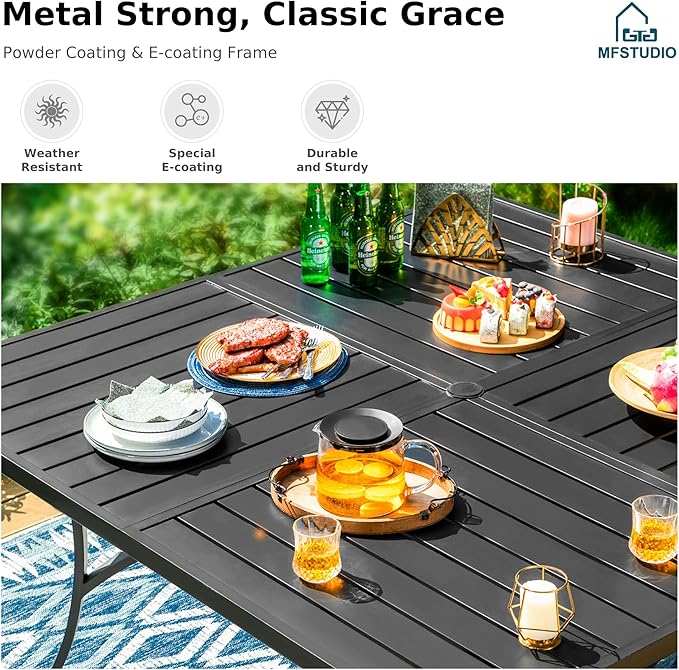 MFSTUDIO 9 Pieces Outdoor Dining Set for 8, 60" Square Table & Wicker Chairs with Cushions, Durable Patio Dining Furniture Set for Deck, Large E-Coated Metal Dining Table for 8