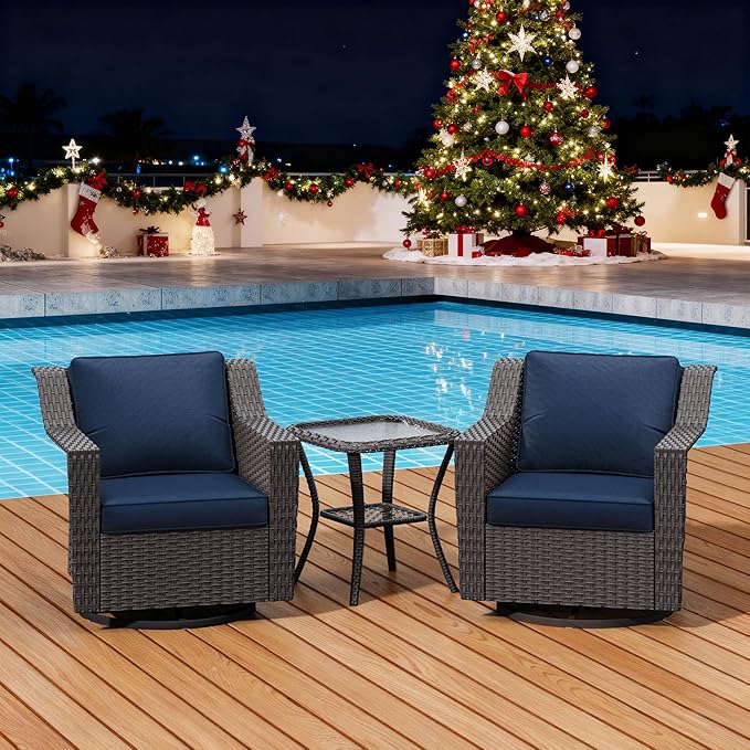 3 Pieces Patio Conversation Furniture Set - 2 Swivel Chairs, 1 Side Table, Outdoor Wicker Rocking Glider Armchairs with Washable and Water-Resistant Cushions for Balcony, (Navy Blue)
