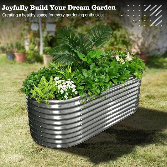 A ANLEOLIFE 30" Extra Tall Galvanized Raised Garden Beds Outdoor, 6x3x2.5ft Oval Metal Planter Boxes for Planting Vegetables, Flowers, Fruits, Eco-Safe & Easy Setup, Quartz Grey