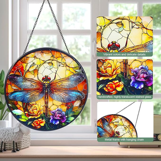Wkyqes Dragonfly Handmade Stained Glass Window Hanging Suncatcher with Chain - 7.9" Outdoor/Indoor Art Decor for Home Garden, Wedding, Mother's, Valentine's & Christmas Ornaments Present