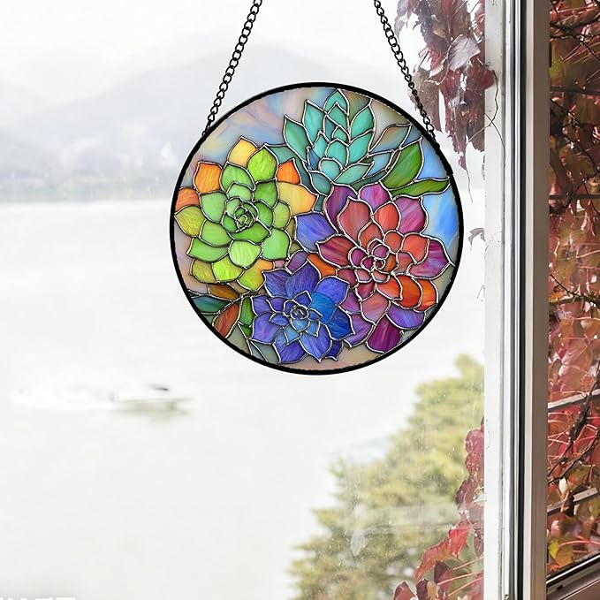QZQCBLC Stained Glass Window Hanging Colorful Succulents 9.8" - Flowers Suncatcher Door Garden Sun Catcher Home Decor Birthday Christmas for Mom Men Woman Friends Nana Wife
