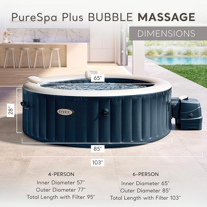 INTEX 28431EP PureSpa Plus Bubble Massage Inflatable Spa Set: Includes Energy Efficient Spa Cover –2 Headrests – LED Light – 6 Person Capacity – 85" x 28"