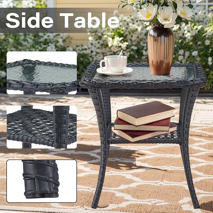 Belord 3 Pieces Black Wicker Patio Furniture Outdoor Swivel Rocker Patio Glider Chairs Set of 2 with Side Table Beige Cushion