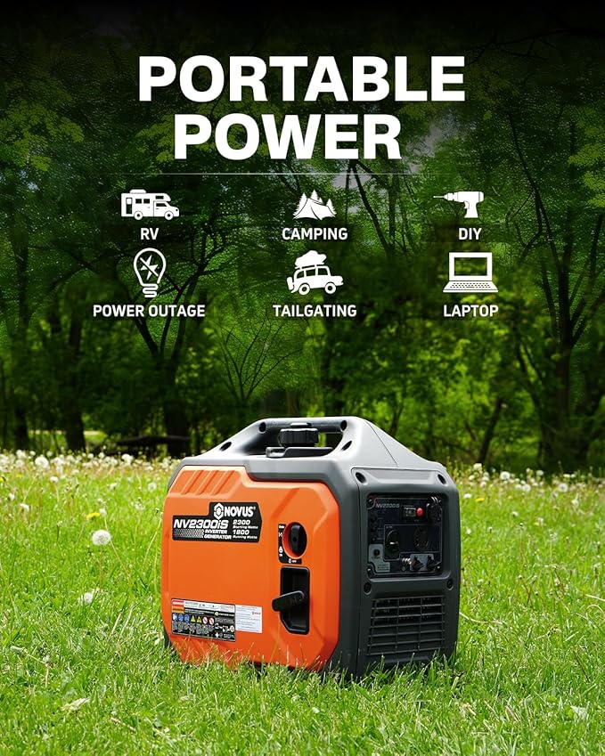 NOVUS 2300-Watt Portable Inverter Generator, Gas Powered, RV Ready, Quiet Small Gas Generators for Home Backup, Outdoor Camping, Parallel Capable, with CO Sensor, EPA Compliant