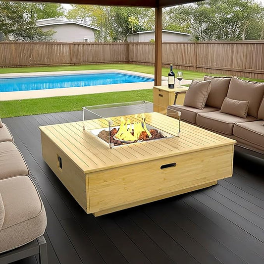 Kinger Home Harmony 43-Inch Large Square Outdoor Propane Gas Fire Pit Table, 50,000 BTUs, CSA Certified Includes Side Table, Lava Rock and Weatherproof Cover
