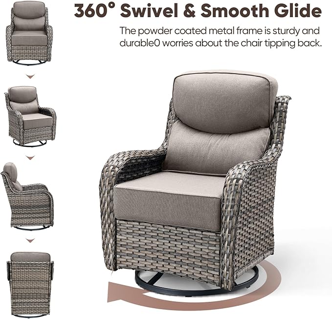 Swivel Patio Chairs Set of 3 with 6" Thick Cushion - Wicker Outdoor Swivel Rocker Patio Chairs with Side Table, High Back Comfortable Outdoor Glider - Grey Wicker | Grey Cushions