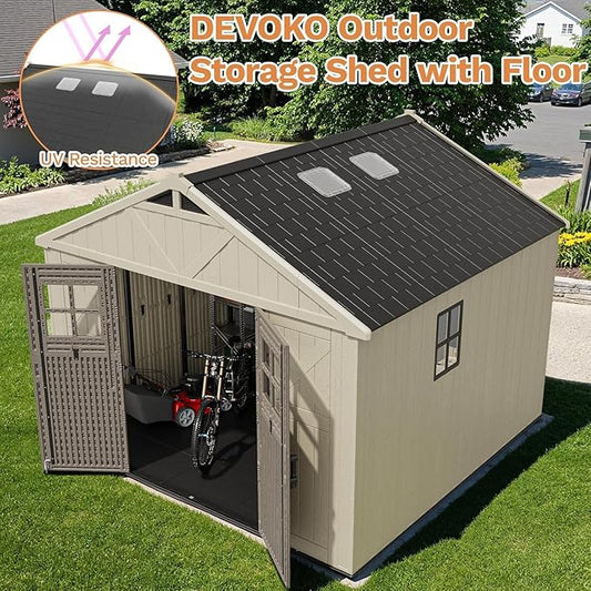 Devoko 10 x 14 FT Resin Outdoor Storage Shed, Extra Large Plastic Shed with Skylight, Floor and Lockable Door, Storage Bike, Tools, Lawn Mower for Garden, Backyard, Patio, Beige