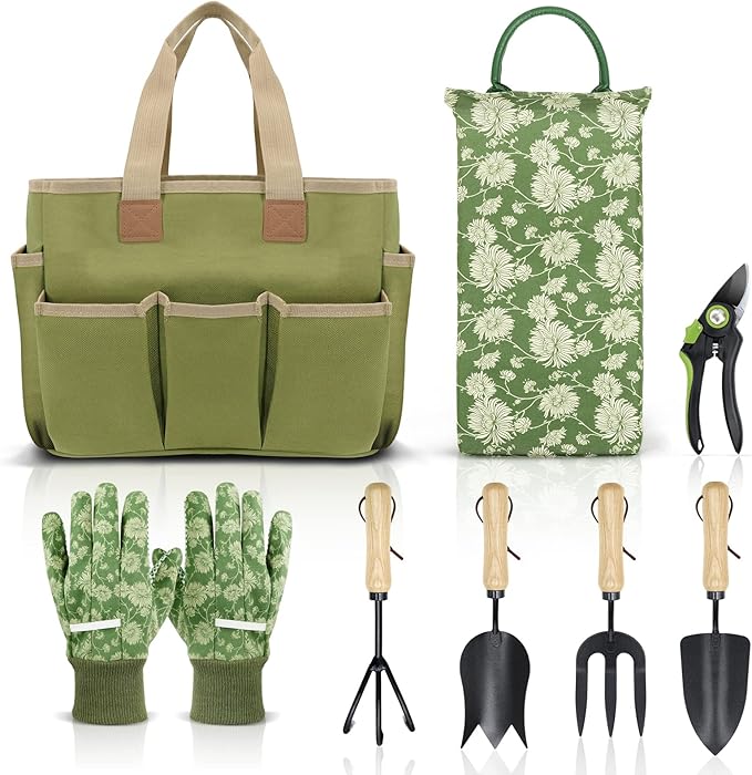 Colwelt Garden Tools Set, 8 Piece, Heavy Duty Gardening Tools with Wooden Handle, Including Garden Tote, Kneeling Pad, Gloves, Pruner, Trowel, Tulip Trowel, Cultivator - Gardening Gifts for Women Men