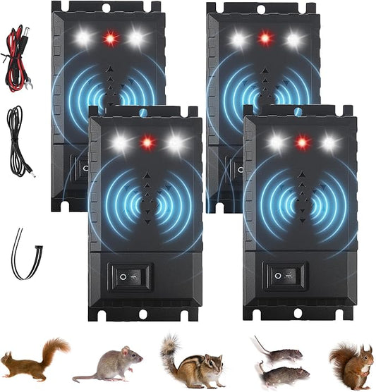 4 Packs Rodent Repellent for Car Engines, Ultrasonic Mouse Rat Repeller with Battery Powered, Keep Mice Out of Under Hood, Mice Deterrent with Strobe Lights for Car Engine Indoor & Outdoor Use (4)