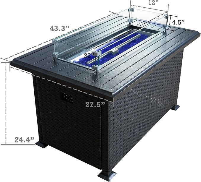 Kozyard Outdoor Patio Propane Gas Fire Pit Table - 50,000 BTU Wicker Design with Aluminum Tabletop, Glass Wind Guard, Clear Glass Rocks, and Slide Out Tank Holder - Ideal Patio Fire Table (Gray)