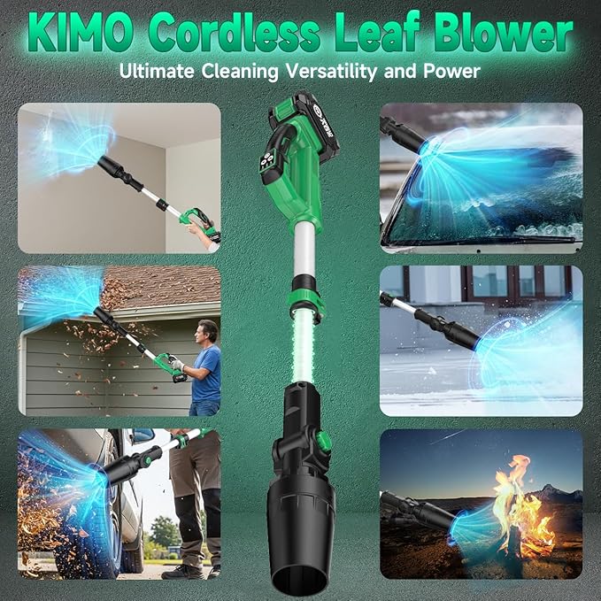 KIMO Leaf Blower Cordless with Battery and Charger, 310000RPM, 37Inch Telescopic Pole, 750CFM 280MPH, 3Speeds w/Smart Panel, Lightweight 2.5Lb, 2PCS 4000mAh Battery Operated Leaf Blower for Gutters