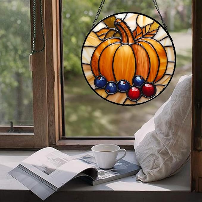 DASTOLL Stained Glass Window Hanging Fall Pumpkin Berries 9.8" - Suncatcher Door Garden Kitchen Sunroom Sun Catcher Autumn Home Decor Birthday for Mom Grandma Men Woman