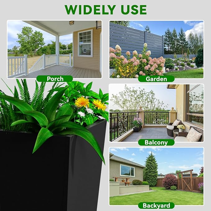 Tall Metal Planter Box, 15" L x 15" W x 30" H 2-Pack Outdoor Planters with Removable Tray, Heavy Duty Steel Front Porch Planters for Patio, Balcony, Indoor(Black)