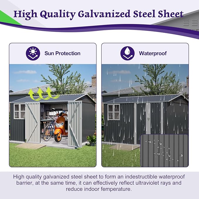 ZMAD Outdoor Storage Shed Metal, Large Garden Tool Sheds Outdoor with Lockable Doors, Waterproof Steel Utility Storage Building (Gray, 8X 10ft /Floor Frame)