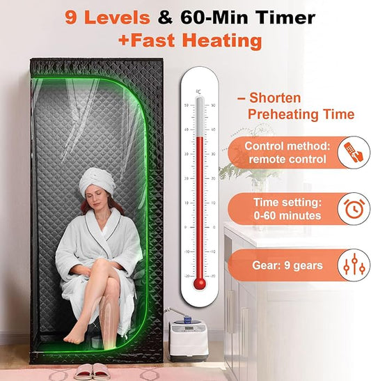 Portable Full-Body Steam Sauna Tent for Home – Large Indoor Personal Sauna with 15 Heat Levels, 3L Steamer, Remote, Foldable Chair and Transparent Window (Transparent Door, Black)
