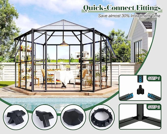 Jocisland 12x10x8 FT Hexagonal Greenhouse, Quick-Connect Aluminum Frame, Dual Roof Vents & Double Doors, Walk-in Garden/Backyard Greenhouse with Gutters, Black