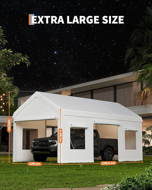 Garvee 10x20 Carport Canopy, Heavy Duty Car Port with Waterproof Tarp, Roll-Up Windows & Doors, Outdoor Portable Garage with Removable Sidewalls, for Car, Boat, Truck, Motorcycle, White