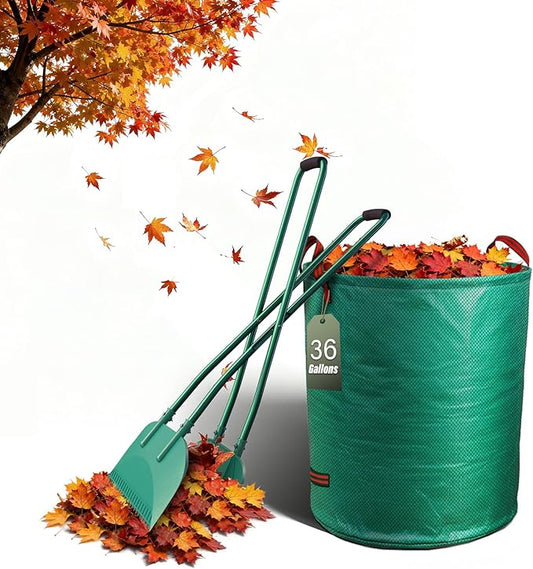 Long Handle Leaf Grabber with 32-Gallon Bag - No Bend Leaf Pickup Tool, Metal Handle with Comfort Grip, Yard Waste Bags for Lawns, Garden, Leaf Rake Set Alternative