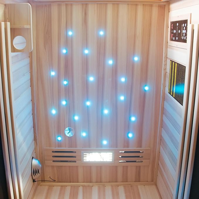Infrared Sauna Home Traditional Sauna for Home Low EMF 1100W for 1 Person Relaxing Backboard with Control Panel, Bluetooth Speaker, Reading Lamp,Top Starry Sky (Ameican White Oak, 48"×33”×70“)