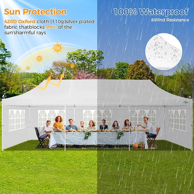 COBIZI 10x30 Pop up Canopy with Wheeled Bag & 8 Removable Sidewalls, Outdoor Canopy Waterproof Commercial Tents for Parties Wedding, with Upgrade Raised Top Cover Roller Bag, with 4 Sandbags(White)