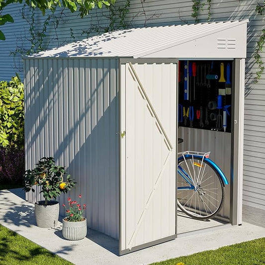 4x7 FT Outdoor Storage Shed Lean to Shed,Metal Shed W/Lockable Door & Air Vent,All Weather Waterproof Garden Tool House W/Reversible Installation,for Backyard,Patio,Lawn,White
