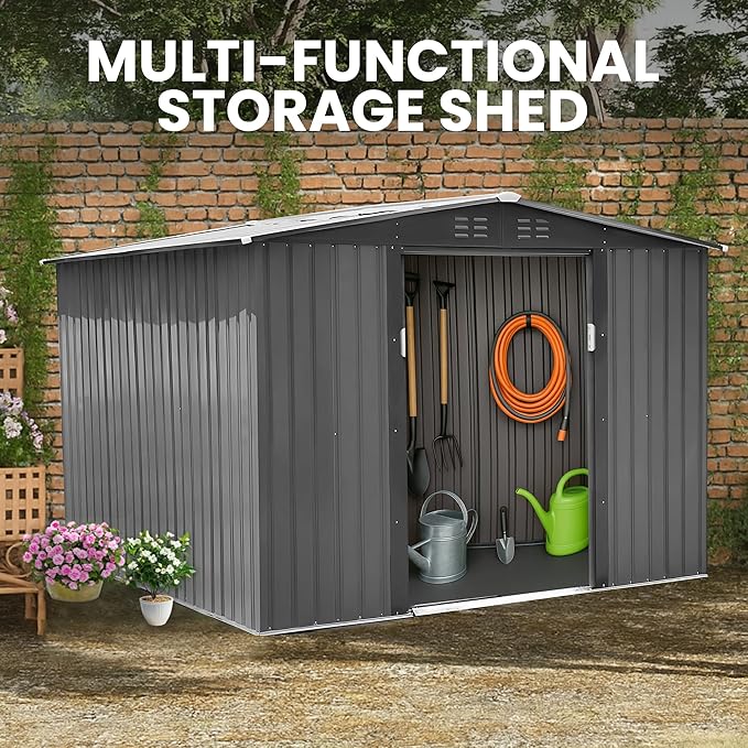 8x6 FT Outdoor Metal Storage Shed with Lockable Garden Shed Steel Anti-Corrosion Storage House with Sliding Lockable Door for Backyard Outdoor Patio, Light Gray